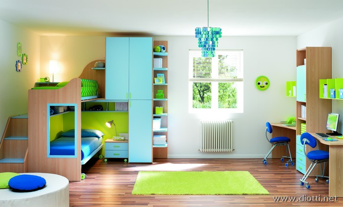 cameretta per bambini in color azzurro/verde per bambini in crescita