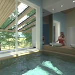 MINI PISCINA: Mini piscina sopraelevata con finitura in teak e vetrata con vista su giardino, finitura in teak